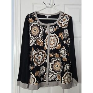 Isaac Mizahi Live Womans Button down Sweater Size 1X Black with Floral